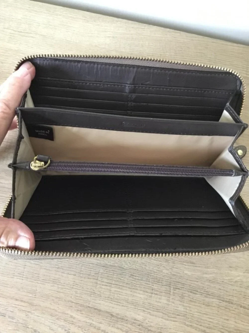 Coach Signature Zip Wallet in Tan with Pink Accent